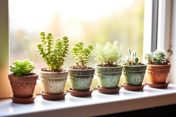 a windowsill peppered with small succulent pots