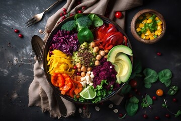 Colorful buddha bowl with fresh fruits, nuts, vegetables. Generative ai. - obrazy, fototapety, plakaty