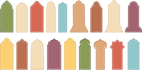 shape islamic window set. Arabian muslim shape arch. Ramadan kareem silhouette mosque gate. Islamic arabesque. Stock vector illustration isolated on white background