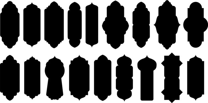 Islamic vector shape window arch silhouettes set. Arabian muslim shape arch Ramadan kareem silhouette mosque gate. Islamic arabesque. Stock vector illustration isolated on white background
