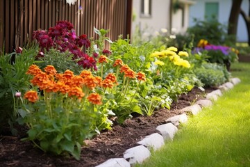 a flower bed split equally between two yards - obrazy, fototapety, plakaty