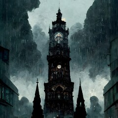 tall gothic urban clocktower against raining nights victorian dark fantasy in the middle of a square with tight claustrophobic buildings surrounding it  - obrazy, fototapety, plakaty