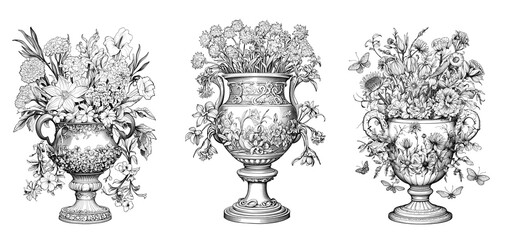 Beautiful flowers and magical vases. Exotic and garden flower to color created with generative AI.