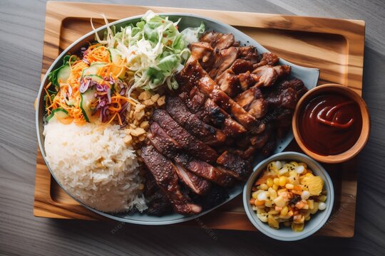 Hawaiian Bbq Plate With Mix Salad. Roasted Meat Cut Into Pieces With Rice. Top View. Generative AI.