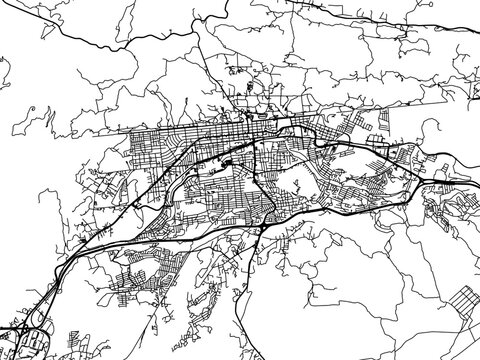 Vector road map of the city of  Tecate in Mexico with black roads on a white background.