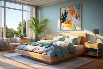 Modern cozy bedroom, minimalistic interior design, pastel colors