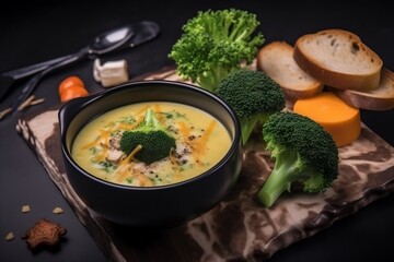Broccoli cheese soup with vegetables, top view, generative ai