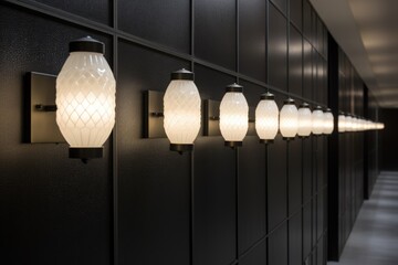 a row of wall-mounted light fixtures in a hallway
