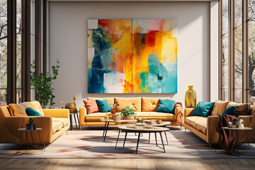 Modern living room, bright colors interior design