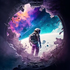 dead astronaut in broken space station above vibrant purple and blue planet with clouds on the surface and galaxys in the background 