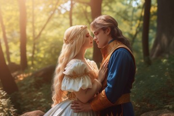 Fairytale prince and princess. Romantic fantastic kind and queen couple. Generate ai - obrazy, fototapety, plakaty