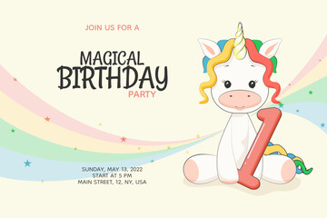 1 year old Magical kids birthday party invitation with cute rainbow unicorn