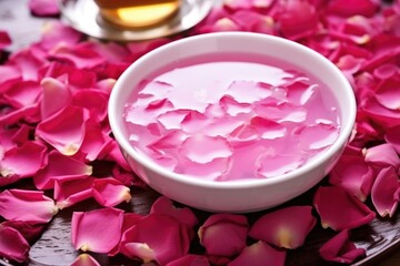 close-up of saucer filled with rose water and petals