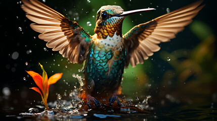 Colorful Hummingbird Emerging from Water - Powered by Adobe