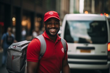 Fototapeta premium Portrait of smiling delivery man with parcels in the city street.
