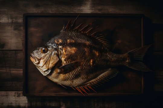 top view of grilled flounder, fish on plate, dark style food photography, menu restaurant, recipe, generative ai
