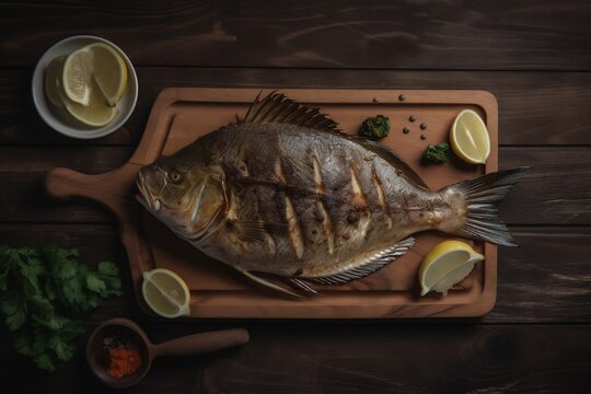 top view of grilled flounder, fish on plate, dark style food photography, menu restaurant, recipe, generative ai