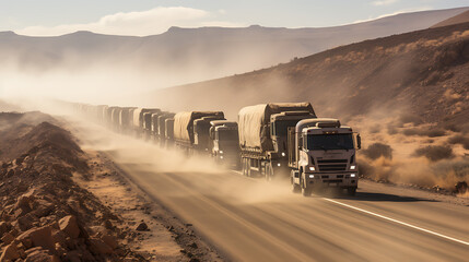 Truck Convoy Driving Through a Desert - obrazy, fototapety, plakaty