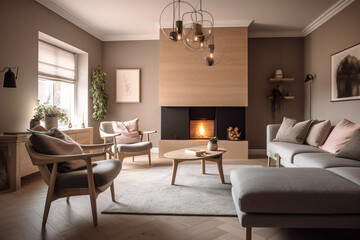 Modern living room interior desing with fireplace. Pastel pink colors