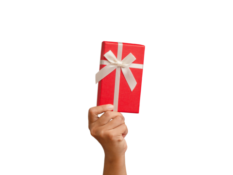 Hand holding of a red gift box against a transparent background.
