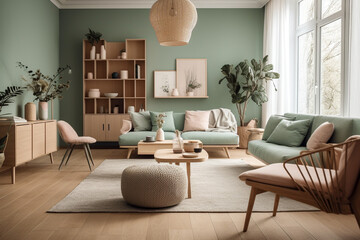 Modern cozy living room interior desing . Pastel pink colors