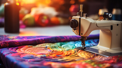 Close-up of a Sewing Machine and Colorful Fabric - obrazy, fototapety, plakaty