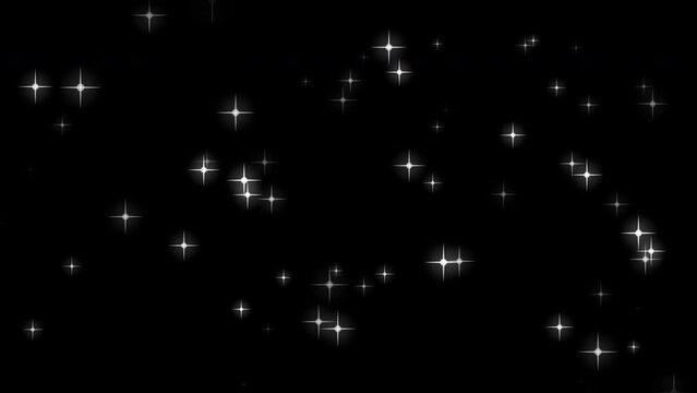 Simple white sparkles, slowly moving white particles stars overlay on black background.
White glowing twinkling sparkles, particles stars looping background animation.