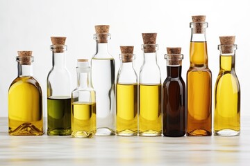 different types of oil bottles in a lined row