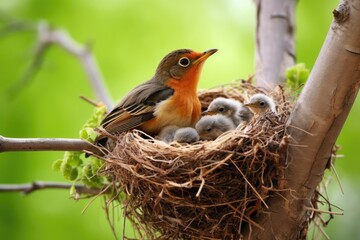 mama bird feeding her chicks in a nest on a sturdy branch - Powered by Adobe