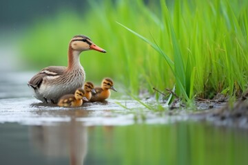 duck mother guiding her ducklings to water on a grassy bank - obrazy, fototapety, plakaty