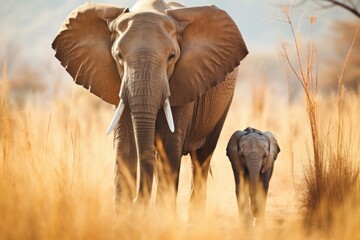 elephant mother guiding her baby with her trunk in the african plains - obrazy, fototapety, plakaty