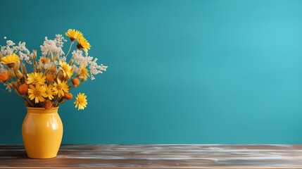 Wooden table with vase with bouquet of flowers near empty, blank blue wall. Home interior background with copy space