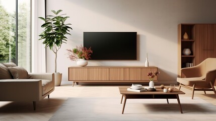 Wooden tv unit in spacious room. Scandinavian home interior design of modern living room