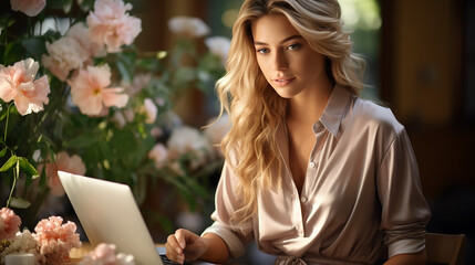 A young attractive girl works at a laptop indoors