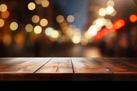 Desk with blurry restaurant background, wooden table, blurred bokeh of night street background. Generative AI
