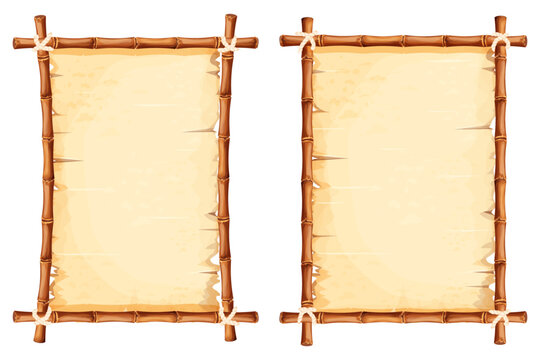 Set Bamboo frames with old parchment paper decorated with rope in cartoon style isolated on white background. Game ui board, sign