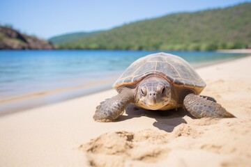 a turtle slowly walking on a sandy beach