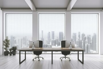 White poster, logo space, slatted wall, open space office, modern computers, wooden table, city view. 3D rendering, mock up. Generative AI - obrazy, fototapety, plakaty