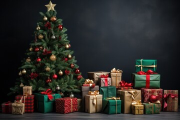 Christmas tree with golden balls and gift boxes on wooden floor.