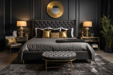 A sophisticated and stylish bedroom featuring a blend of gold and grey colors. Generative AI