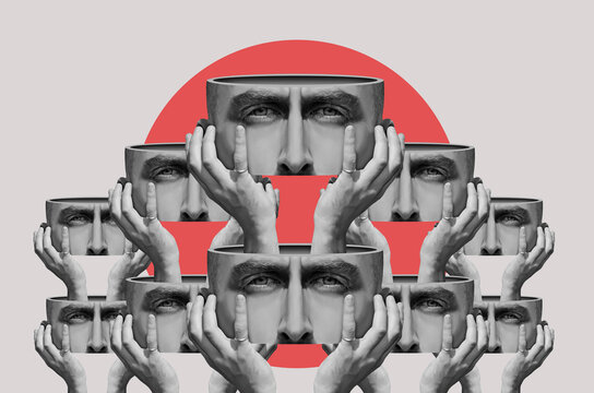 Collage art in surrealism style with head of a man (digital collage with oil paint effect)