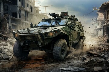 Military vehicle in combat zone. Generative AI