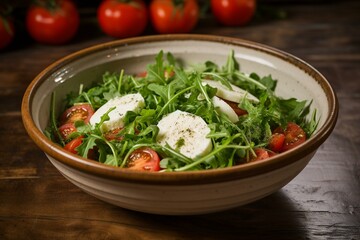 Arugula, tomatoes, mozzarella in bowl. Generative AI
