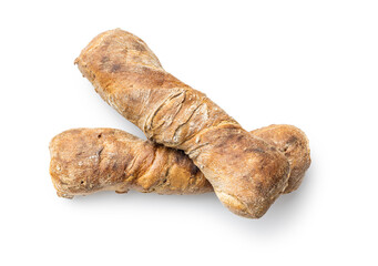 Wholegrain rustical baguette isolated on white background.