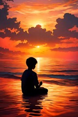 Fototapeta premium The silhouette of a young boy stands in a posture of prayer and adoration against the backdrop of a breathtaking sunset over the sea. The golden hues of the sun's descent cast a warm glow on the water
