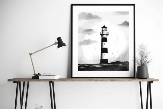 Fototapeta Black and white abstract wall art featuring a lighthouse on a beach. Contemporary, high-quality posters for printable decor in living rooms, minimalist painting prints for offices or. Generative AI