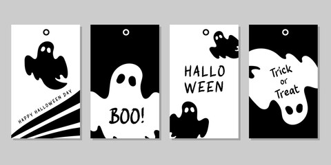 Halloween gift tags with ghost on black and white background.