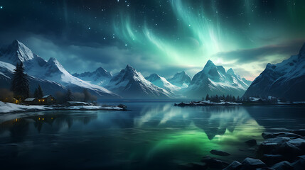 Northern Lights casting a magical glow over snow-capped mountains