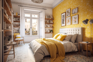 Modern bedroom with cozy bed, luxury interior design