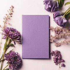 Blank purple flower card flatlay mockup
